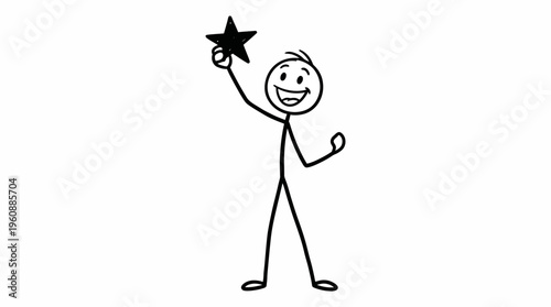 Happy Stick Figure Man Holding Up a Star, Symbolizing Success and Achievement, on Isolated White Background