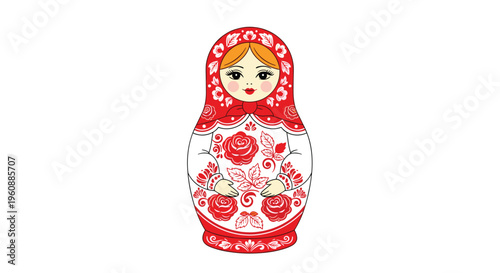 A single stylized Russian matryoshka doll, white with red floral patterns, stands upright.
