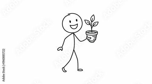 Happy Stick Figure Man Walking and Holding Potted Plant with Care on Isolated White Background