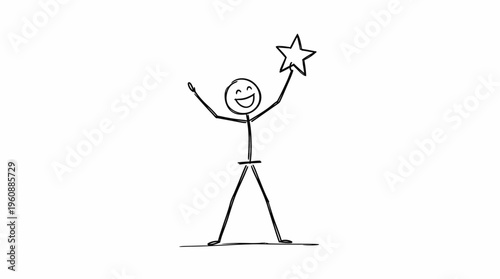 Happy stick figure man reaching for a star, symbolizing ambition and achievement, with arms outstretched on an isolated white background.