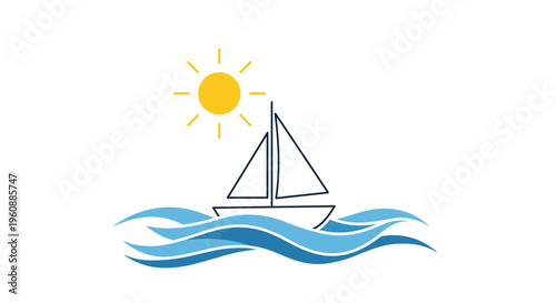 A minimalist line art sailboat floats on blue waves under a shining yellow sun.