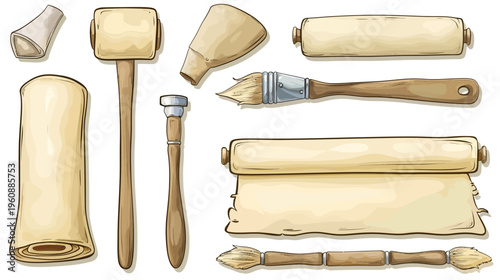 Collection of various craft tools, with brushes, rolling paper, and a mallet on white