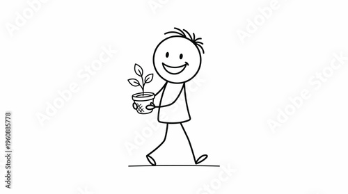 Happy stick figure man holding a small potted plant, smiling and walking, symbolizing growth and care, on an isolated white background.
