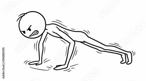 Exhausted Stick Figure Straining to Complete a Push-Up, Feeling Tired and Frustrated During Workout on Isolated White Background