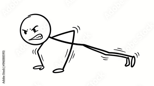 Angry Stick Figure Exhausted and Gritting Teeth While Struggling with Push-Up, Intense Determination on Isolated White Background