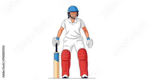 A male cricket player in a white uniform, blue helmet, and red pads stands holding a wooden bat.