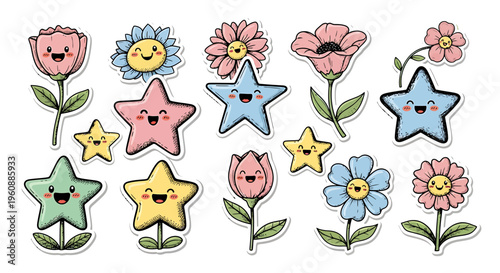 Colorful cartoon flowers and smiling stars.