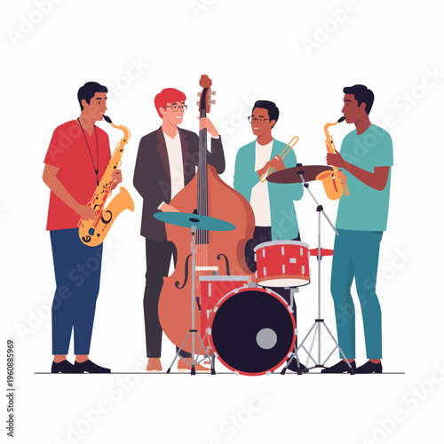 Jazz band performing with saxophone, double bass, and drums
