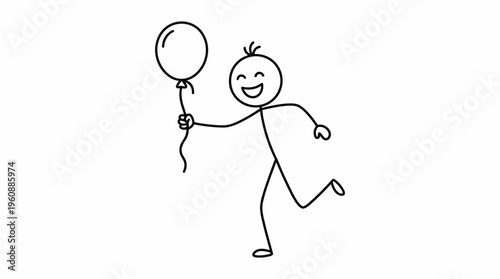 Cheerful Stick Figure Running Happily with a Floating Balloon, Playful Outdoor Activity on Isolated White Background