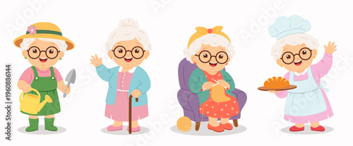Cute elderly women characters set in different activities: gardening, walking, knitting and baking. Cartoon vector illustration of happy grandmother lifestyle, family and hobby concept.