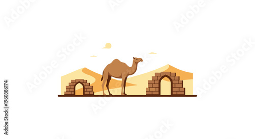 An illustrated brown camel stands in a minimalist desert landscape with sand dunes and brick archways on a white background.