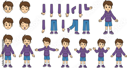 Cartoon Boy Character Creation Kit with Body Parts, Poses and Facial Expressions for Animation, Game Design and Custom Kids Character Builder Set.