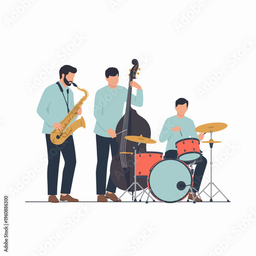 Jazz musicians play saxophone, double bass, and drums in a live performance