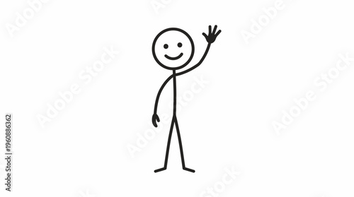 Simple Stick Figure Drawing of a Happy Person Waving in a Welcoming Gesture, on a White Background