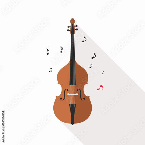 Double bass instrument with musical notes floating on the white background