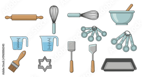 A collection of baking tools, including a rolling pin, whisks, measuring cups, and spatulas, is arranged on a white surface.