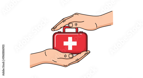 Two hands gently cup a small red first aid kit with a white cross on its lid.