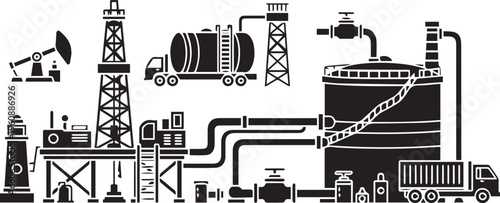 Oil and Gas Industrial Plant Vector Silhouette Set