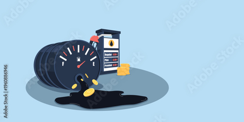 A fallen oil barrel with a fuel gauge leaking oil and gold coins next to a gas station pump, representing rising gas prices and economic inflation in a flat art.