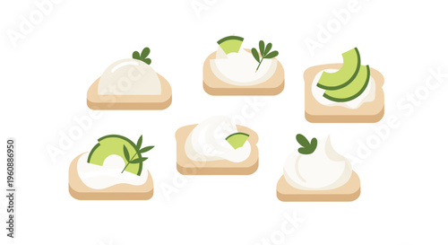 Six small open-faced sandwiches topped with cream cheese and green garnishes are arranged on a white background.