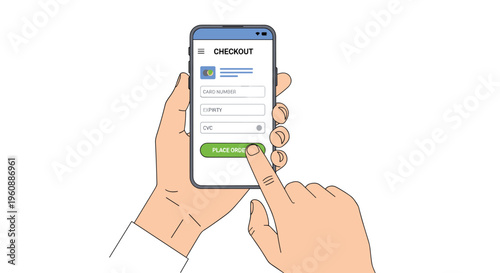 A person's hands hold a smartphone displaying a checkout screen, with a finger pressing the Place Order button.