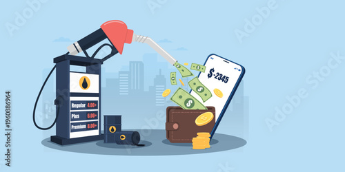 Flat vector showing a fuel pump nozzle extracting cash and coins from a wallet and phone, representing high gas prices, inflation, and the financial burden of rising energy costs.