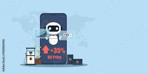 This vector illustration features an AI robot inside a smartphone displaying a 35% oil price increase. External elements include a gas pump, a wallet with money, oil barrels, and a world map.