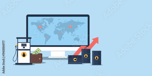 A flat art showing a global map with warning signs, rising red arrows over oil barrels, a gas pump, and a wallet, representing an energy crisis and inflation.