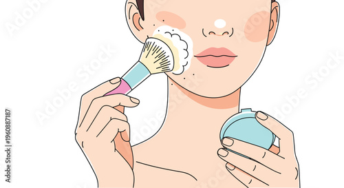 A person applies face powder to their cheek with a brush while holding a compact case.