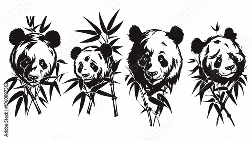 Artistic depiction of four panda bear faces with bamboo stalks on a white background