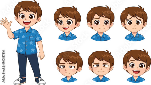 Cartoon Boy Character with Multiple Facial Expressions Featuring Happy, Sad, Angry and Neutral Emotions for Kids Animation and Character Design.
