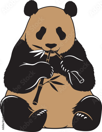 Silhouette of a panda eating bamboo isolated on transparent background