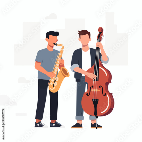 Man playing saxophone and double bass in jazz band performance