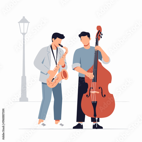 Saxophone and double bass musicians performing jazz on the street