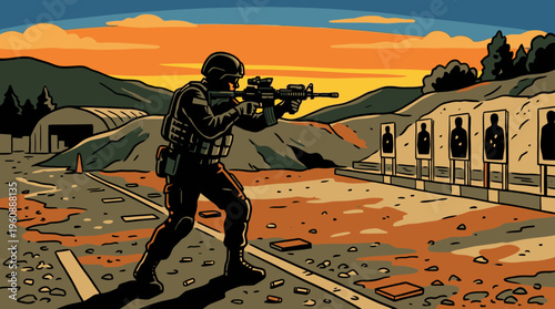 Armed soldier engaging in shooting practice at an outdoor shooting range during sunset, highlighting military training and firearm skills development
