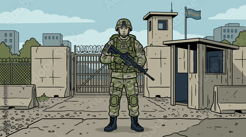 Armed Soldier Guarding a Secure Military Base Entrance with Watchtower and Security Fence