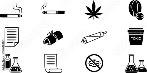 Narcotic and Smoking Awareness Icon Set - Toxic Substance Warning and Cannabis Leaf Vector Silhouettes