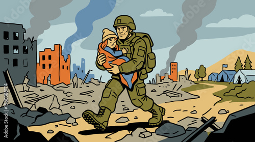 Brave Soldier Rescues Child Amidst War-Torn Cityscape Under Darkening Sky