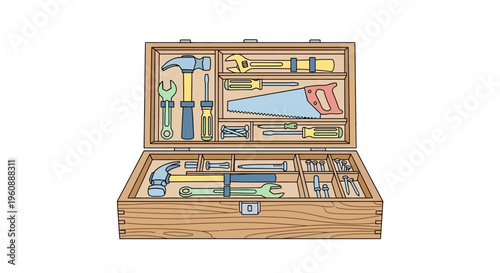 Wooden Toolbox with Various Tools Inside.