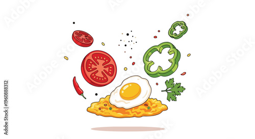 Hand Drawn Illustration of Fried Egg with Flying Vegetables and Spices