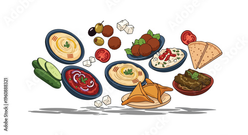 Middle Eastern Mezze Platter Illustration with Hummus Falafel and Pita Bread