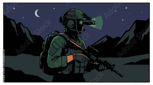 Military Night Patrol: Special Forces Operative Equipped with Tactical Gear and Night Vision in Mountainous Terrain