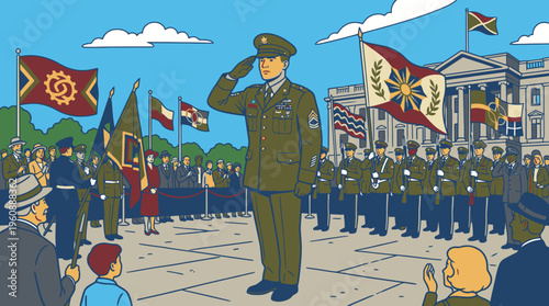 Military Parade Scene with Saluting Soldier, Crowds, Flags, and Historic Building Background