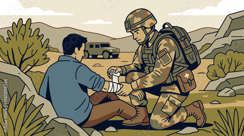 Military Medic Providing First Aid to Wounded Civilian Outdoors in Rugged Terrain During Emergency Response