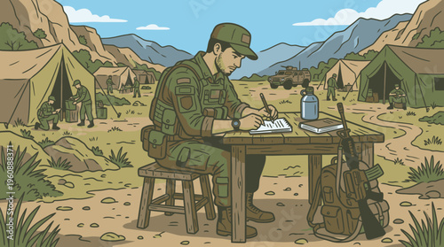 Military Officer Writing Reports at Camp Amid Tents and Armored Vehicles in Mountainous Terrain