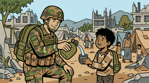 Military Personnel Distributing Food to Community Children in a Post-Conflict Area