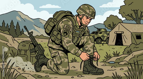 Military Personnel in Camouflage Uniform kneeling on rugged outdoor terrain with tactical gear and surroundings of tents, vehicles, and mountains, highlighting combat readiness and outdoor military