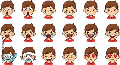 Cartoon Boy Facial Expressions Set Featuring Crying, Sad, Happy, Sick, Injured, Love and Emotional Kids Faces Collection for Animation Design.