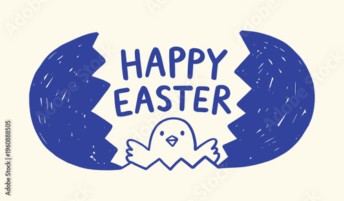 Happy Easter greeting card with cute chick hatching from eggshell, hand-drawn blue doodle illustration on cream background