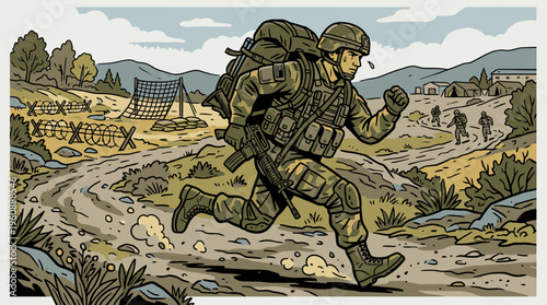 Military Soldier in Tactical Gear Running Through a War-Torn Landscape with Barbed Wire and Soldiers in the Distance